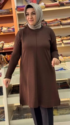 Kolu Fermuarlı Merserize Triko Tunik Kahve/1818 - Thumbnail