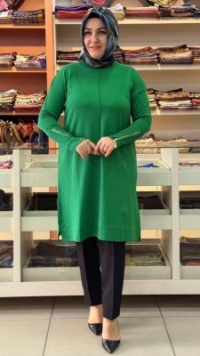  - Kolu Fermuarlı Merserize Triko Tunik Benetton Yeşili/1818