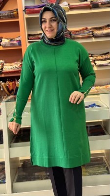 Kolu Fermuarlı Merserize Triko Tunik Benetton Yeşili/1818 - Thumbnail