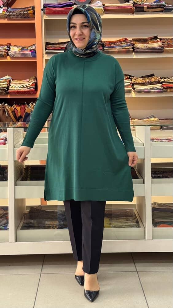  - Kolu Fermuarlı Merserize Triko Tunik Zümrüt/1818