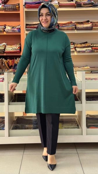 Kolu Fermuarlı Merserize Triko Tunik Zümrüt/1818