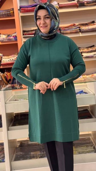 Kolu Fermuarlı Merserize Triko Tunik Zümrüt/1818