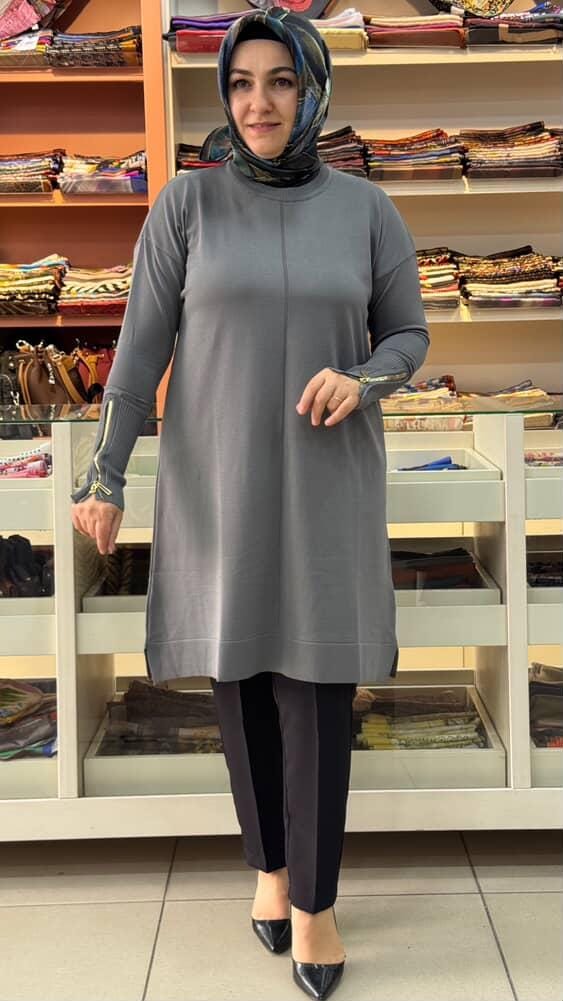  - Kolu Fermuarlı Merserize Triko Tunik Gri/1818