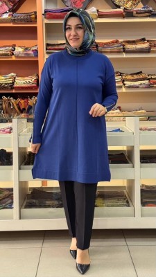  - Kolu Fermuarlı Merserize Triko Tunik Saks/1818