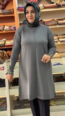 Kolu Fermuarlı Merserize Triko Tunik Gri/1818 - Thumbnail