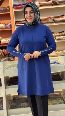 Kolu Fermuarlı Merserize Triko Tunik Saks/1818 - Thumbnail