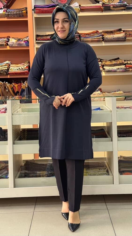  - Kolu Fermuarlı Merserize Triko Tunik Lacivert/1818