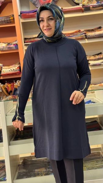 Kolu Fermuarlı Merserize Triko Tunik Lacivert/1818