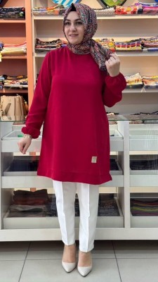 Kado - Kolu Lastikli Basic Ayrobin Tunik Kırmızı/251467