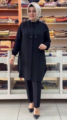 Kolu Lastikli Zincir Detaylı Tunik Siyah/1591 - Thumbnail