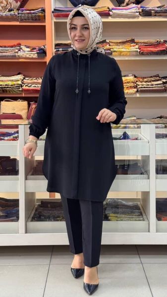 Kolu Lastikli Zincir Detaylı Tunik Siyah/1591