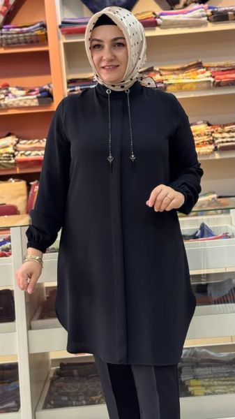 Kolu Lastikli Zincir Detaylı Tunik Siyah/1591