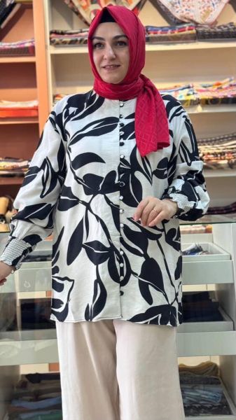 Kolu Lastilki Yaprak Desenli Tunik Siyah/51331