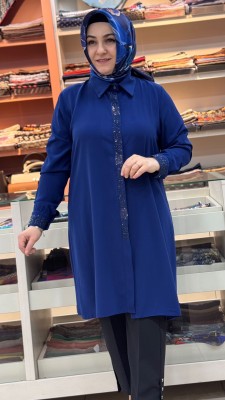 Kolu Ve Önü Taşlı Tunik Saks/60012 - Thumbnail