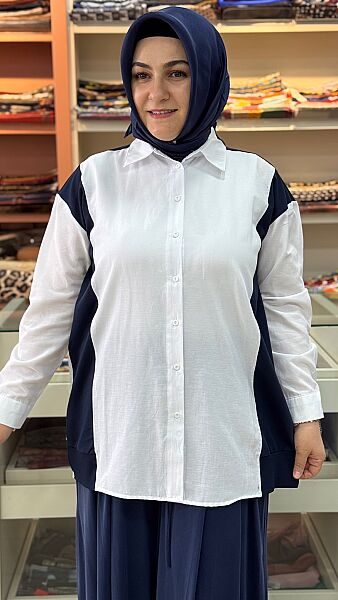Kontrast Garnili Taş Detaylı Gömlek Ekru/ 3431