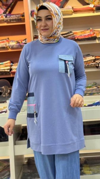 Kot Detaylı Aksesuarlı Tunik Mavi/10723