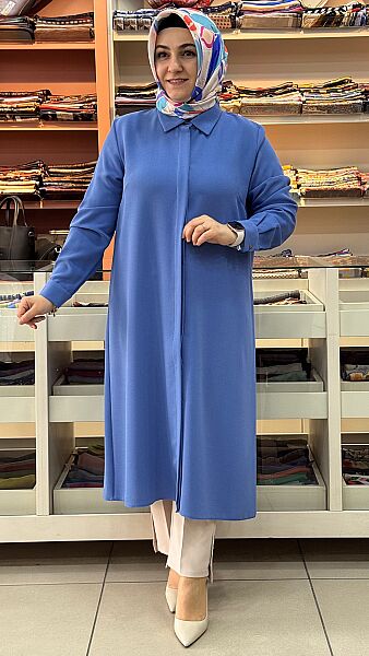 Krep Kumaş Basic Uzun Tunik Mavi/4215 