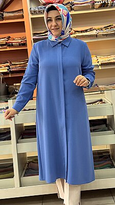 Krep Kumaş Basic Uzun Tunik Mavi/4215 - Thumbnail