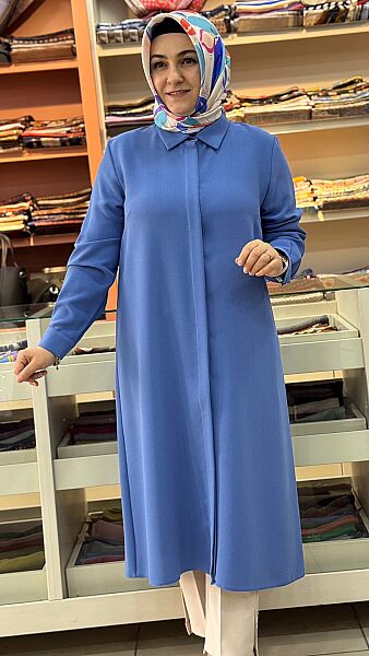 Krep Kumaş Basic Uzun Tunik Mavi/4215 