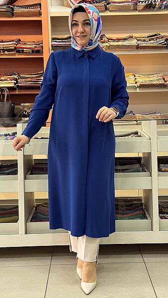 Krep Kumaş Basic Uzun Tunik Saks/4215 
