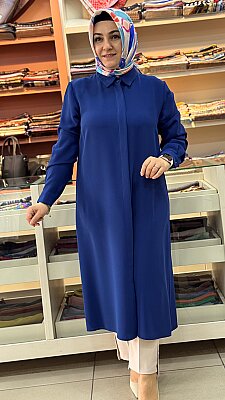 Krep Kumaş Basic Uzun Tunik Saks/4215 - Thumbnail