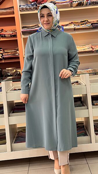 Krep Kumaş Basic Uzun Tunik Mint Yeşili/4215 