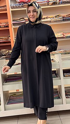 Krep Kumaş Basic Uzun Tunik Siyah/4215 - Thumbnail