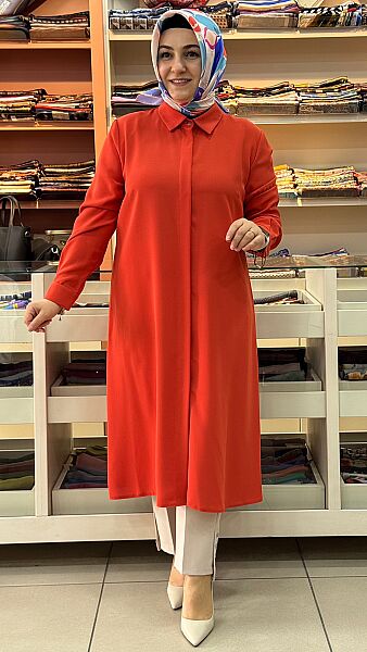 Krep Kumaş Basic Uzun Tunik Mercan/4215 