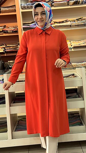 Krep Kumaş Basic Uzun Tunik Mercan/4215 