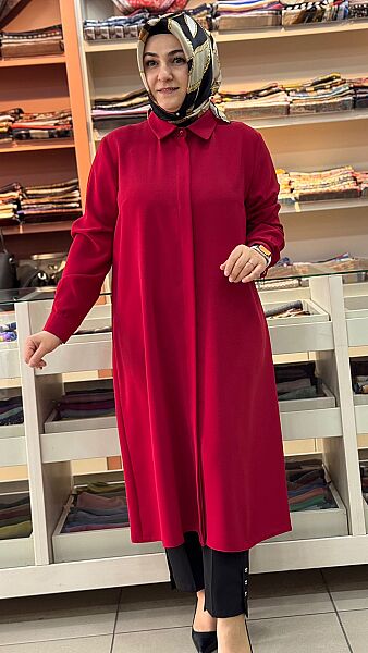 Krep Kumaş Basic Uzun Tunik Kırmızı/4215