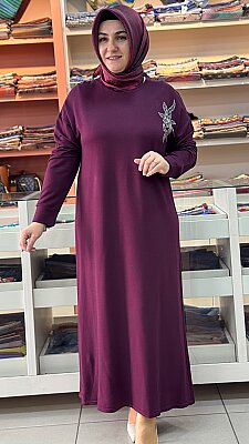Kristal Çiçekli Taş Detaylı Penye Elbise Bordo / 5283 - Thumbnail