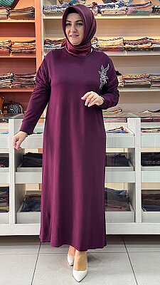 İZEL - Kristal Çiçekli Taş Detaylı Penye Elbise Bordo / 5283