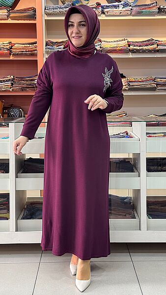 Kristal Çiçekli Taş Detaylı Penye Elbise Bordo / 5283