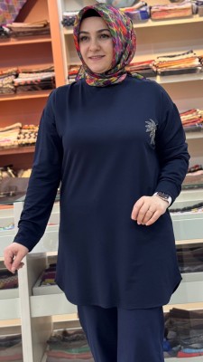 Kristal Palmiye Taşlı Tunik Lacivert/1381 - Thumbnail