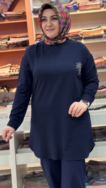 Kristal Palmiye Taşlı Tunik Lacivert/1381