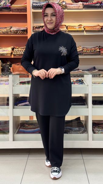 Kristal Palmiye Taşlı Tunik Siyah/1381