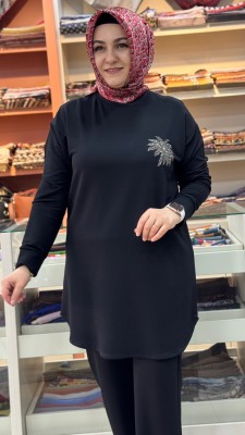 Kristal Palmiye Taşlı Tunik Siyah/1381 - Thumbnail