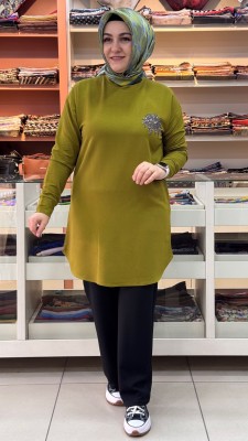 Kristal Palmiye Taşlı Tunik Yağ Yeşili/1381 - Thumbnail