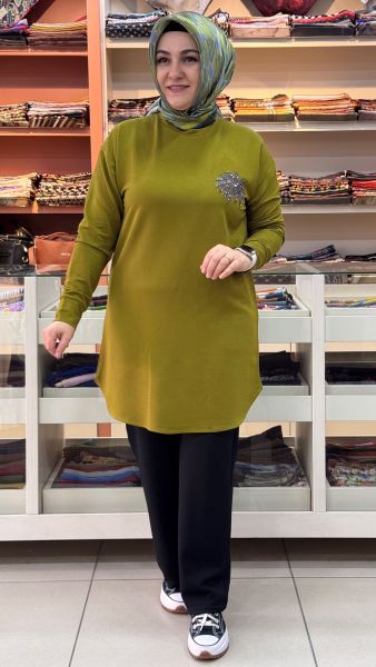 Kristal Palmiye Taşlı Tunik Yağ Yeşili/1381