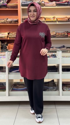 Kristal Palmiye Taşlı Tunik Bordo/1381 - Thumbnail