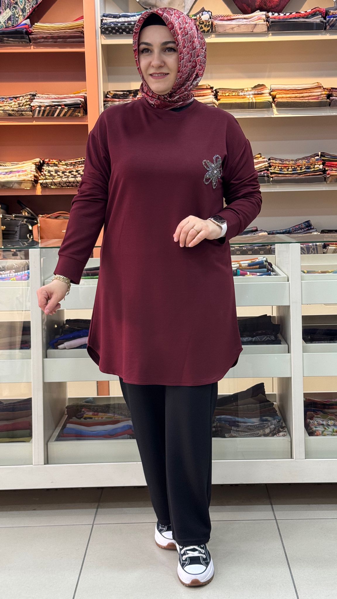 İnza Moda - Kristal Papatya Taşlı Tunik Bordo/1390