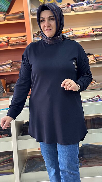 Kristal Papatya Taşlı Tunik Lacivert/1390 - Thumbnail
