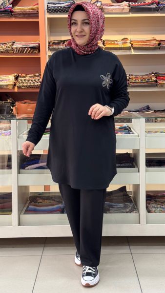 Kristal Papatya Taşlı Tunik Siyah/1390