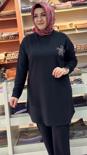 Kristal Papatya Taşlı Tunik Siyah/1390