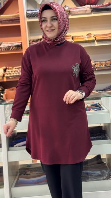 Kristal Papatya Taşlı Tunik Bordo/1390 - Thumbnail