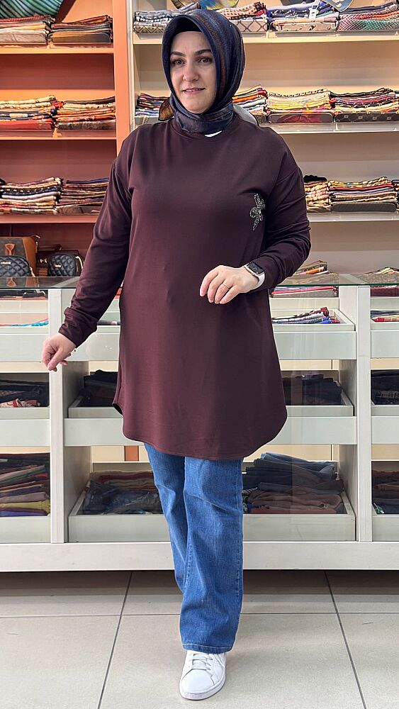 Kristal Papatya Taşlı Tunik Kahve/1390