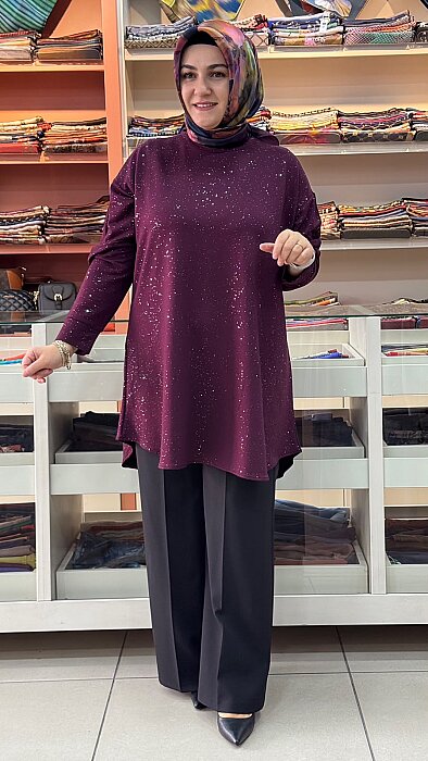 İZEL - Simli Battal Tunik Bordo/ 1420 