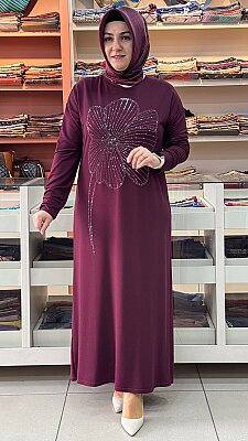 İZEL - Kristal Taşlı Penye Elbise Bordo / 5295