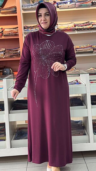 Kristal Taşlı Penye Elbise Bordo / 5295