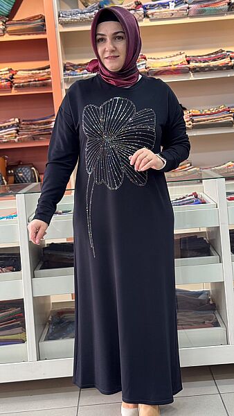 Kristal Taşlı Penye Elbise Siyah / 5295
